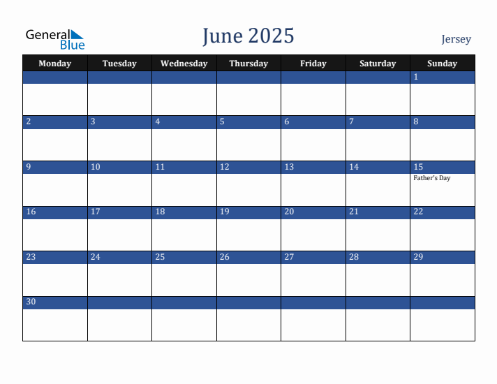June 2025 Jersey Calendar (Monday Start)