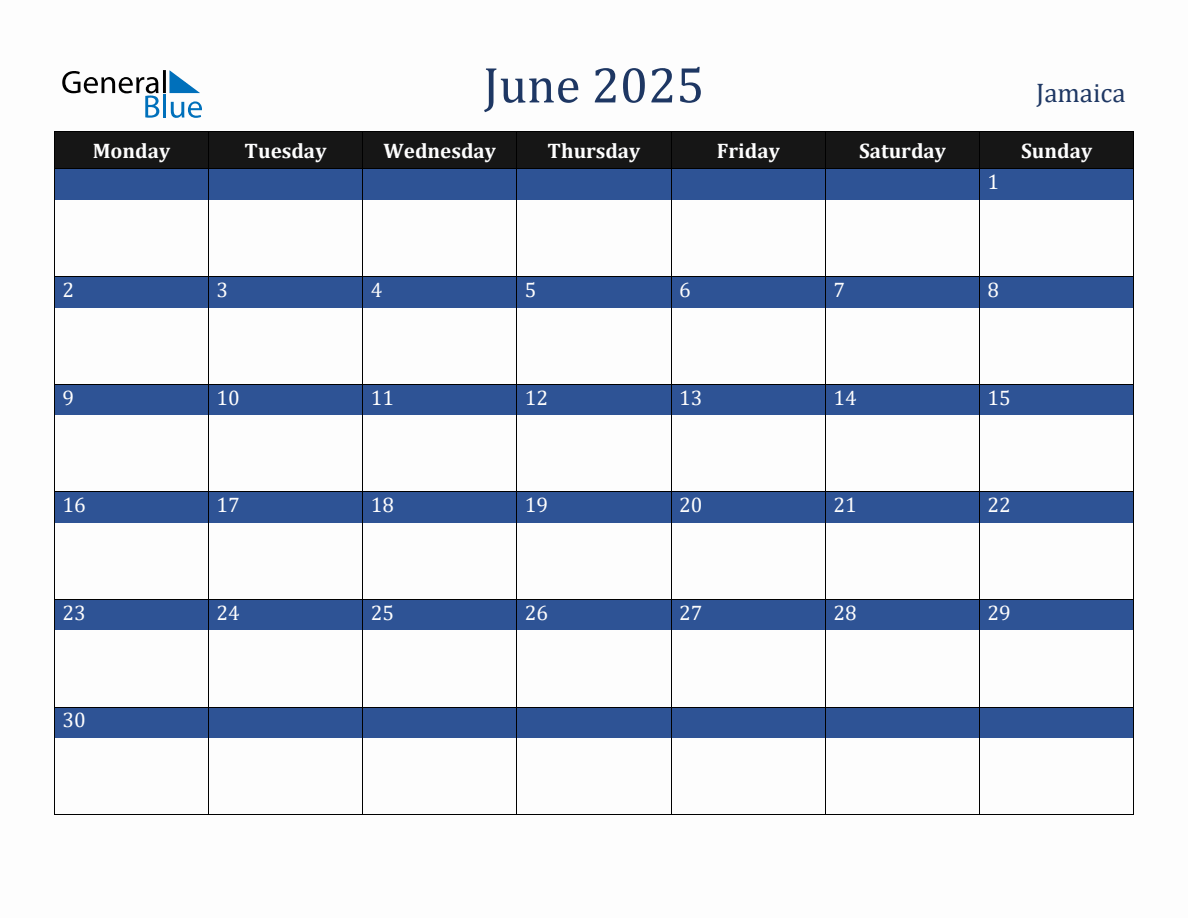 June 2025 Jamaica Holiday Calendar