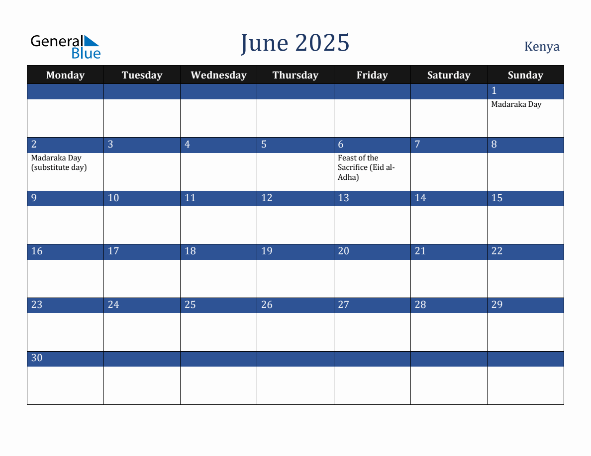 June 2025 Kenya Holiday Calendar