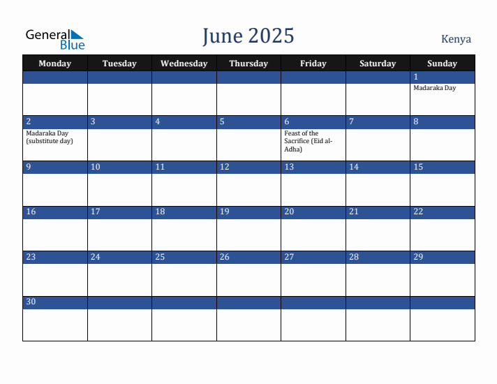 June 2025 Kenya Calendar (Monday Start)