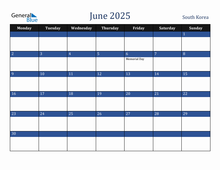 June 2025 South Korea Calendar (Monday Start)