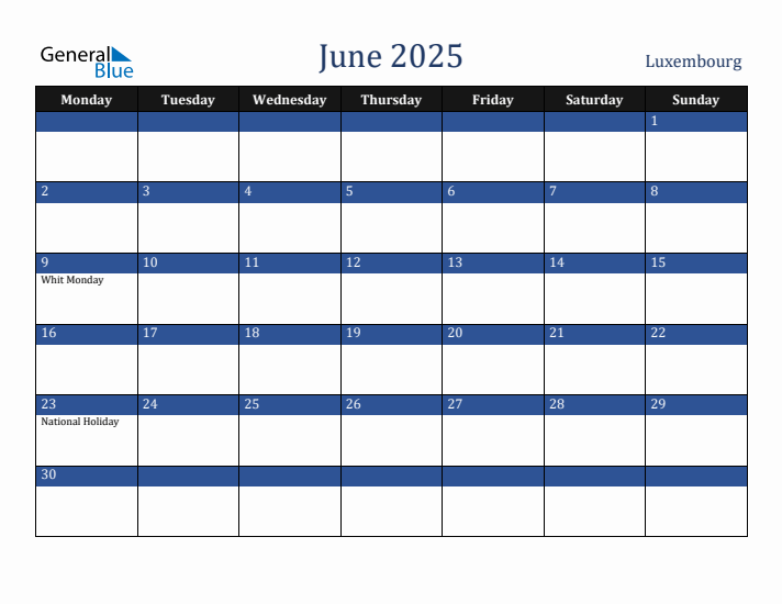 June 2025 Luxembourg Calendar (Monday Start)