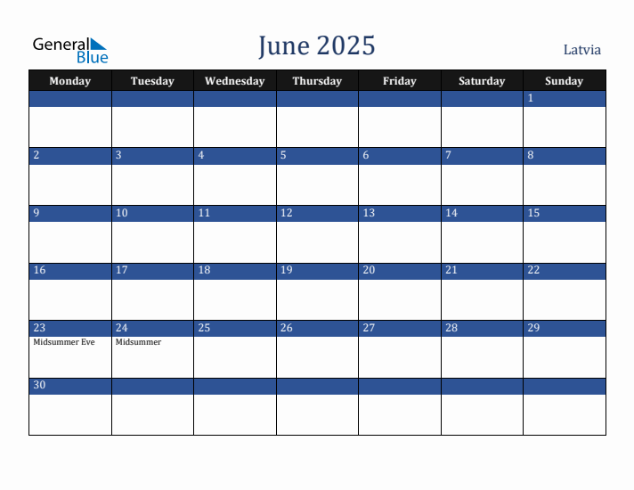 June 2025 Latvia Calendar (Monday Start)