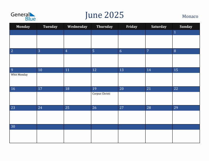 June 2025 Monaco Calendar (Monday Start)