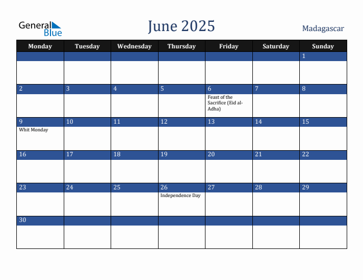 June 2025 Madagascar Monthly Calendar with Holidays
