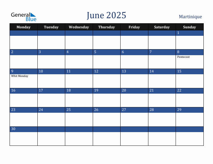 June 2025 Martinique Calendar (Monday Start)