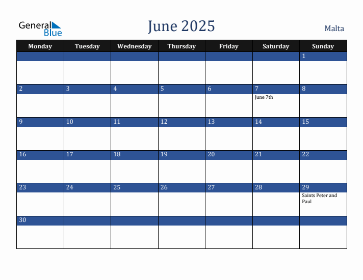 June 2025 Malta Calendar (Monday Start)