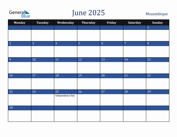 June 2025 Mozambique Calendar (Monday Start)
