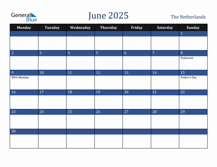 June 2025 The Netherlands Calendar (Monday Start)