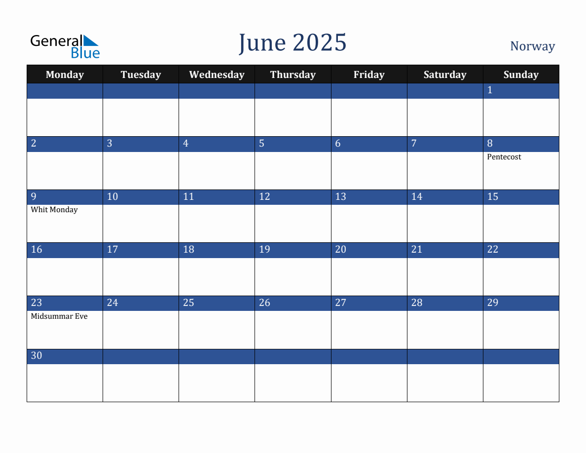 June 2025 Norway Holiday Calendar