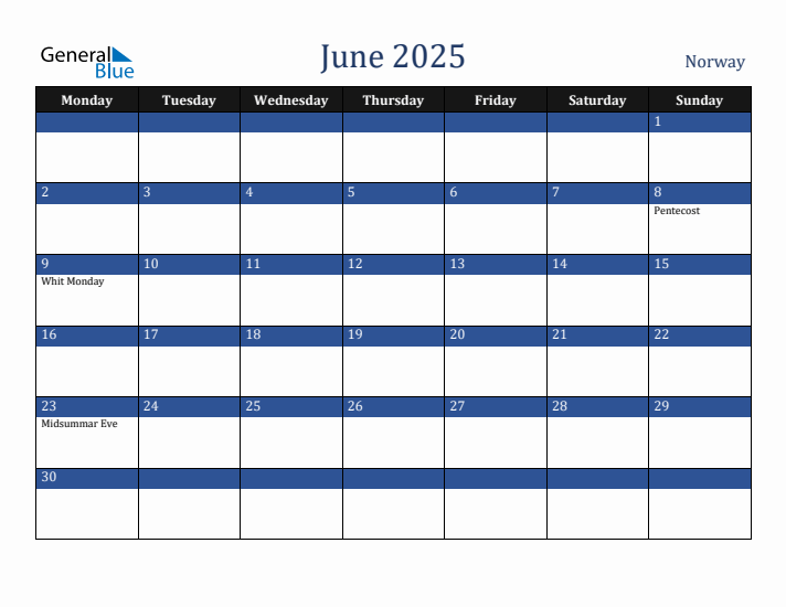 June 2025 Norway Calendar (Monday Start)