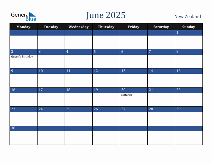 June 2025 New Zealand Calendar (Monday Start)