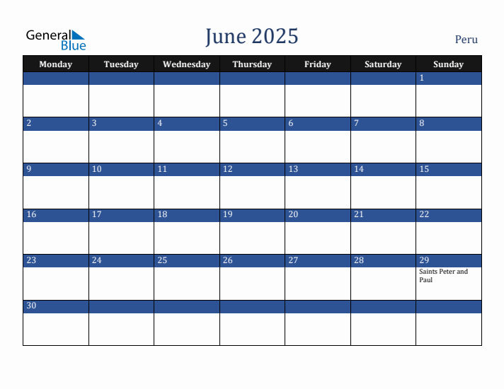June 2025 Peru Calendar (Monday Start)