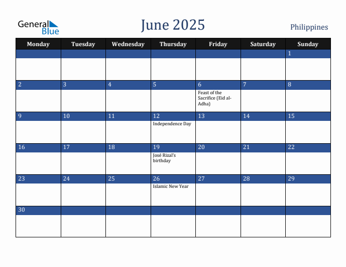 June 2025 Philippines Calendar (Monday Start)