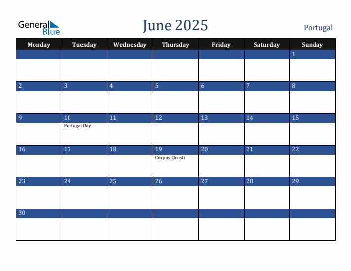 June 2025 Portugal Calendar (Monday Start)