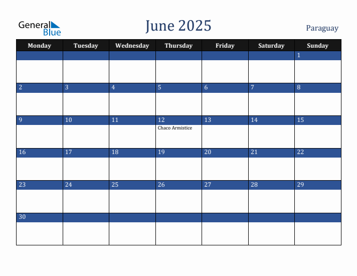 June 2025 Paraguay Monthly Calendar with Holidays