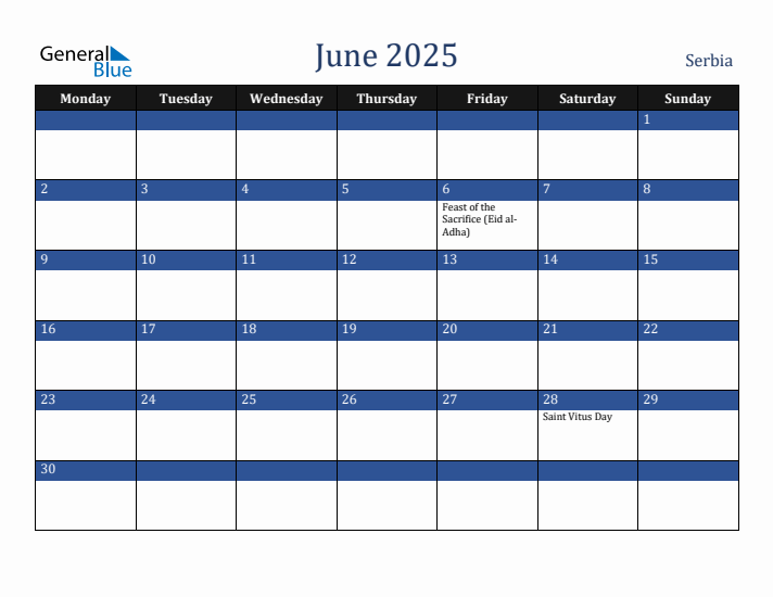 June 2025 Serbia Calendar (Monday Start)