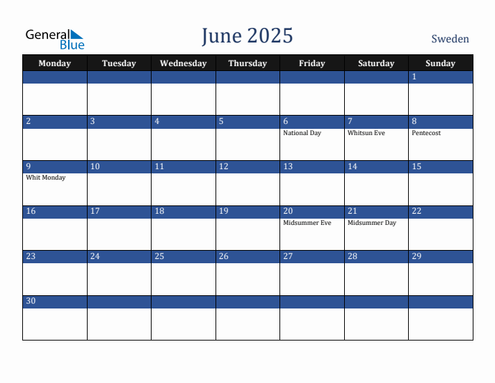 June 2025 Sweden Calendar (Monday Start)