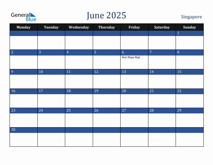 June 2025 Singapore Calendar (Monday Start)