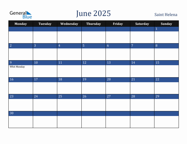 June 2025 Saint Helena Calendar (Monday Start)