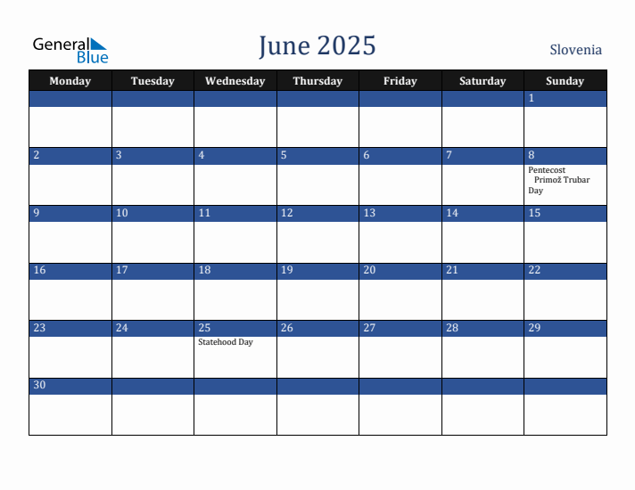 June 2025 Slovenia Calendar (Monday Start)