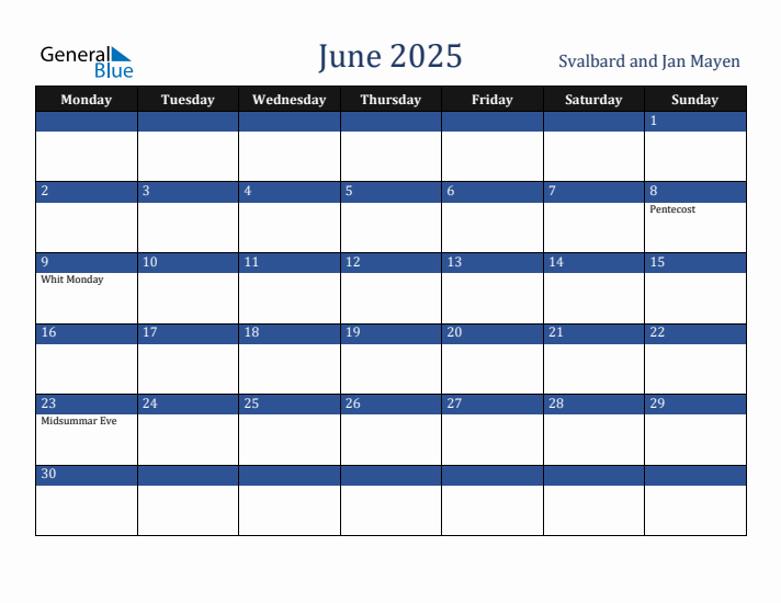 June 2025 Svalbard and Jan Mayen Calendar (Monday Start)