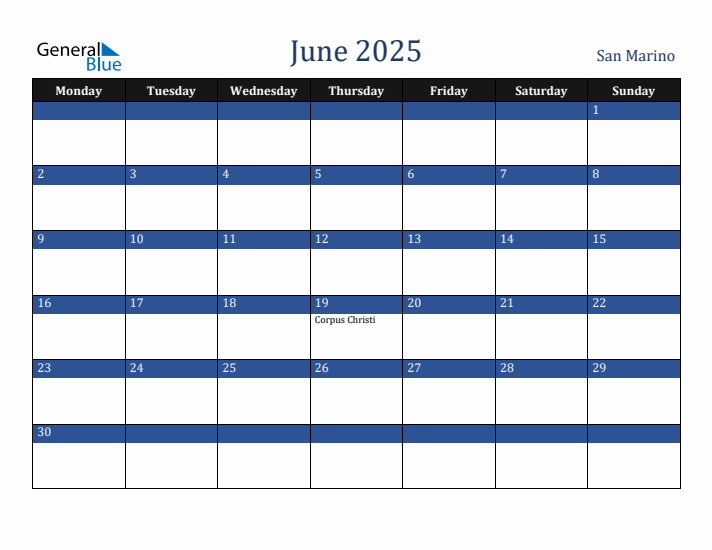June 2025 San Marino Calendar (Monday Start)