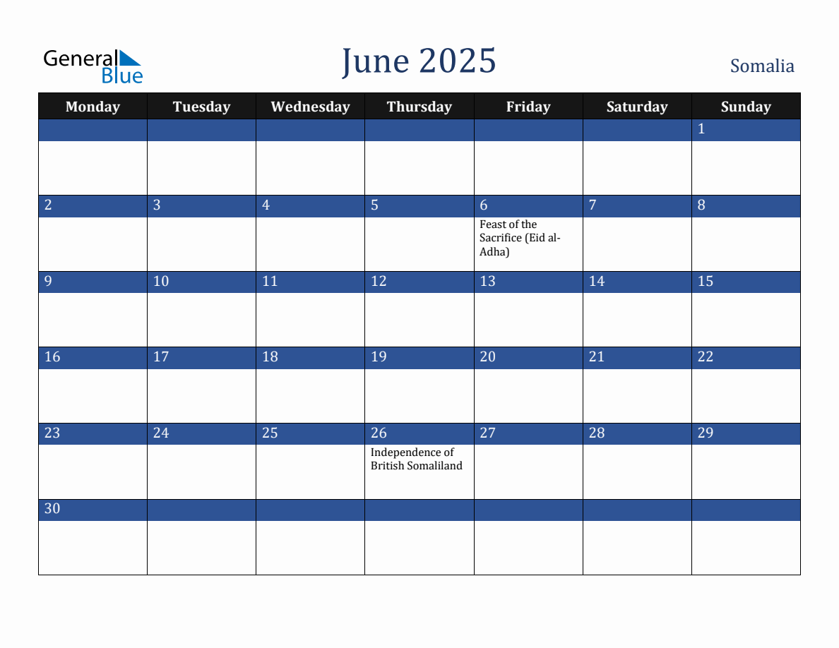 June 2025 Somalia Holiday Calendar