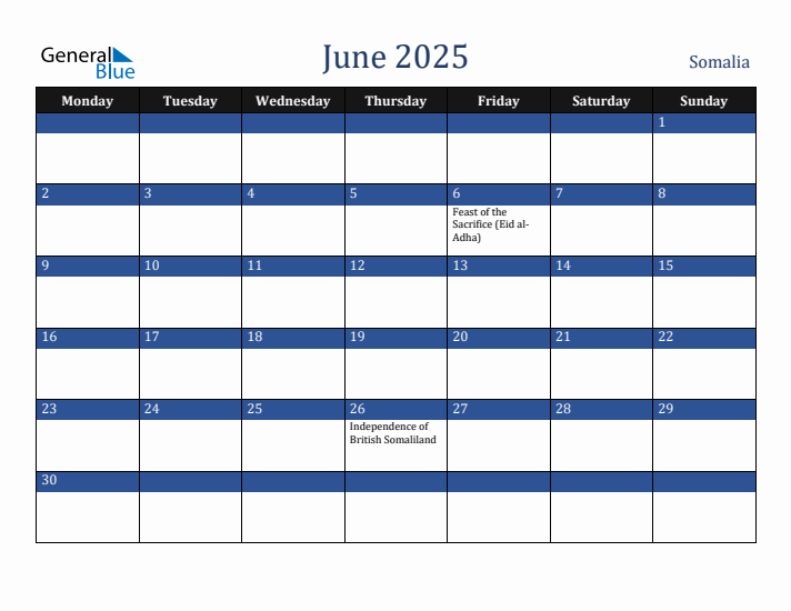 June 2025 Somalia Calendar (Monday Start)