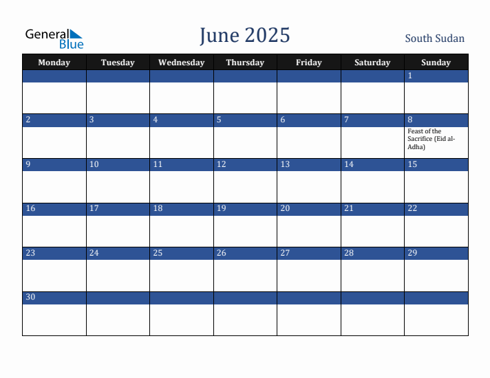 June 2025 South Sudan Calendar (Monday Start)