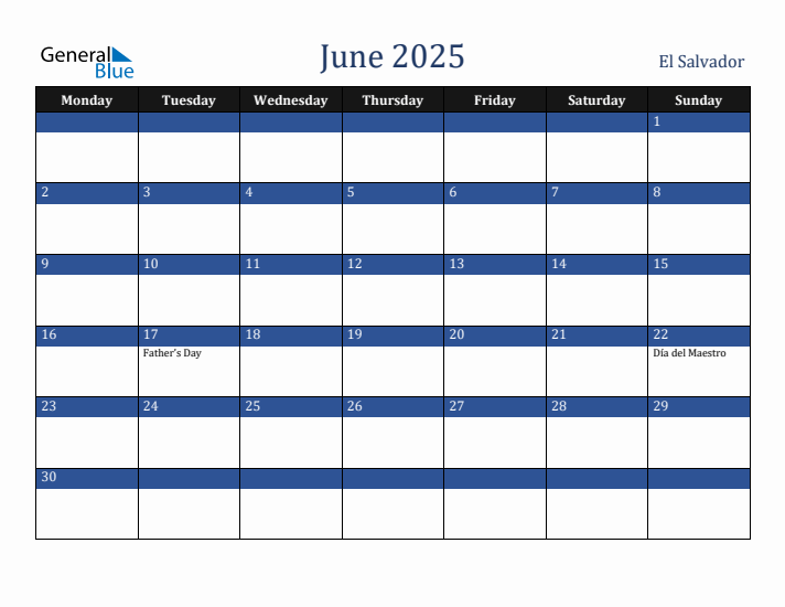 June 2025 El Salvador Calendar (Monday Start)