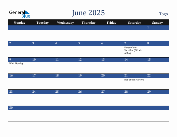 June 2025 Togo Calendar (Monday Start)