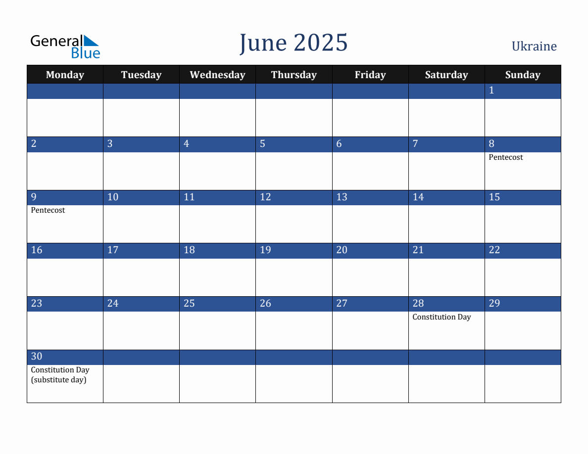 June 2025 Ukraine Holiday Calendar