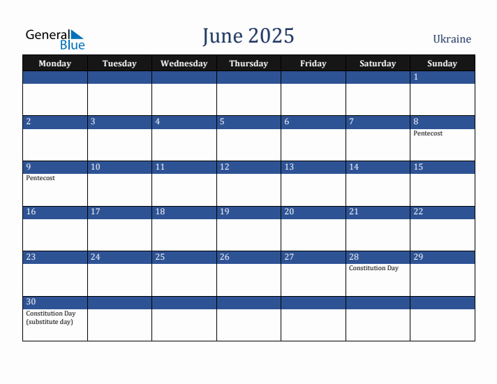 June 2025 Ukraine Calendar (Monday Start)