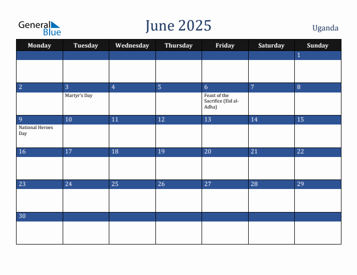June 2025 Uganda Calendar (Monday Start)