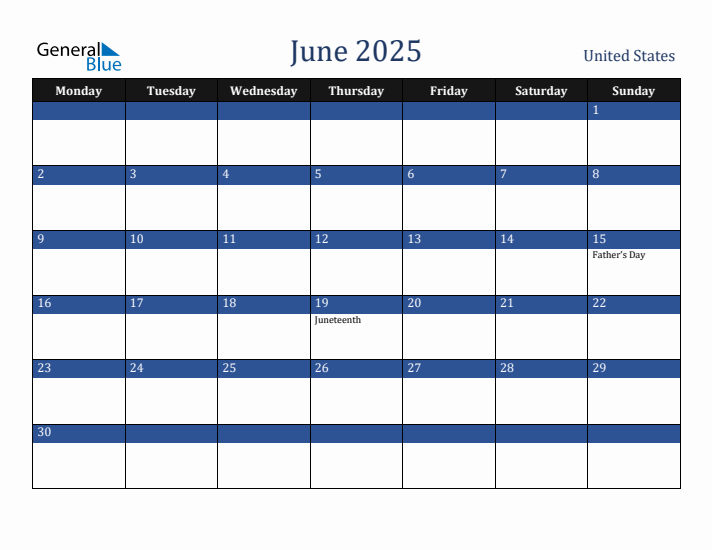 June 2025 United States Calendar (Monday Start)