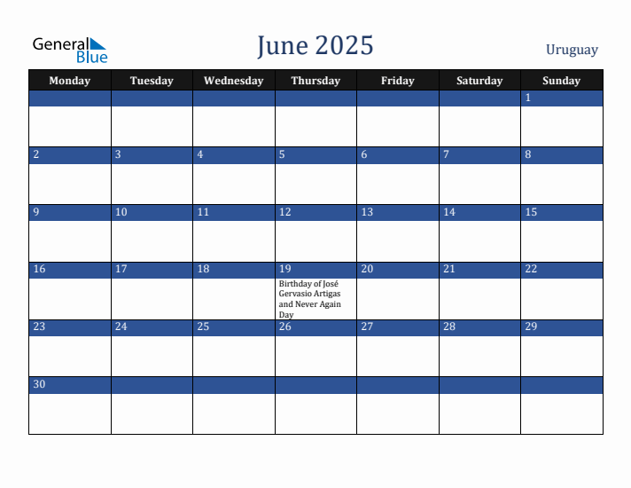 June 2025 Uruguay Calendar (Monday Start)