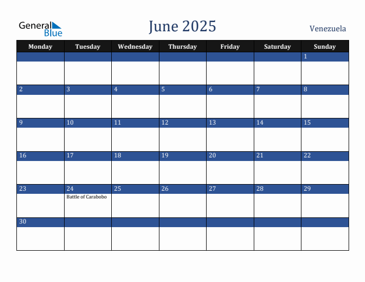June 2025 Venezuela Calendar (Monday Start)