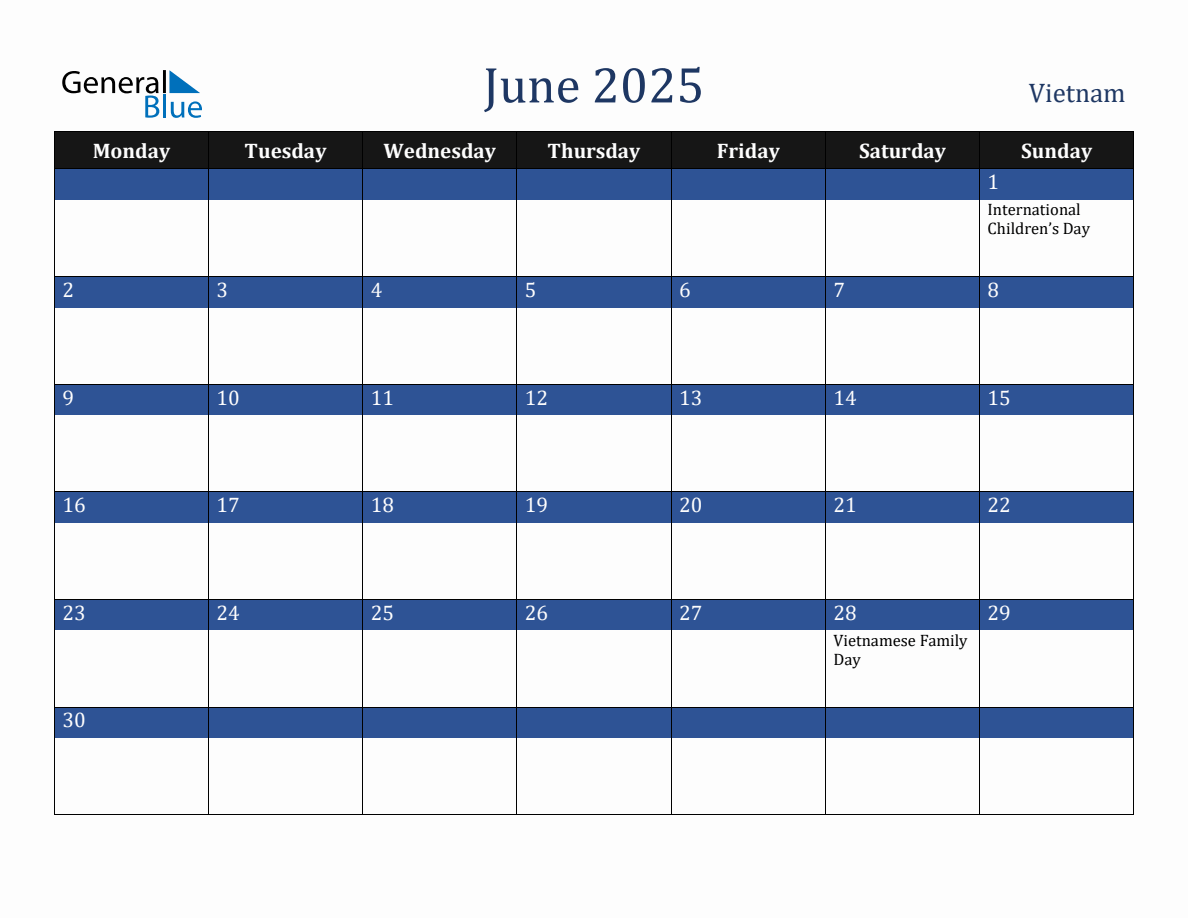 June 2025 Vietnam Holiday Calendar