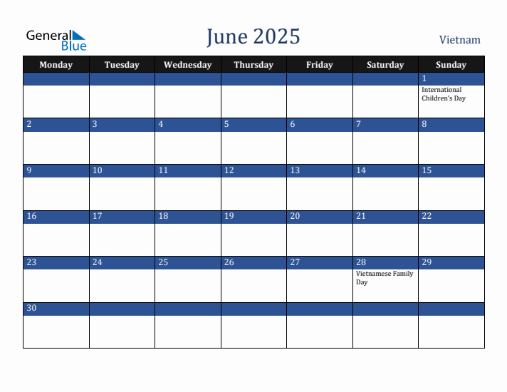 June 2025 Vietnam Calendar (Monday Start)