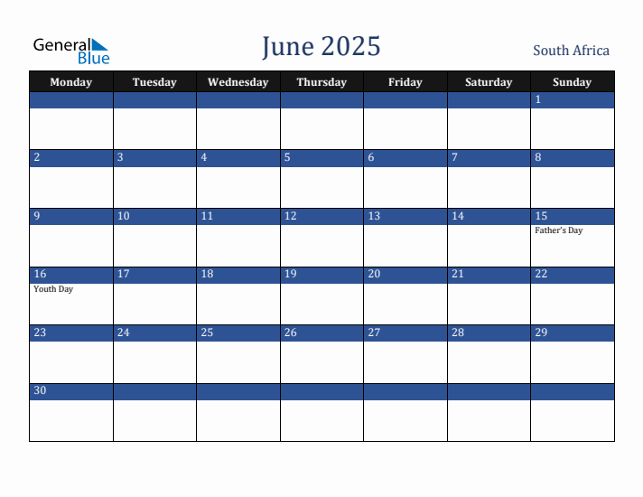 June 2025 South Africa Calendar (Monday Start)