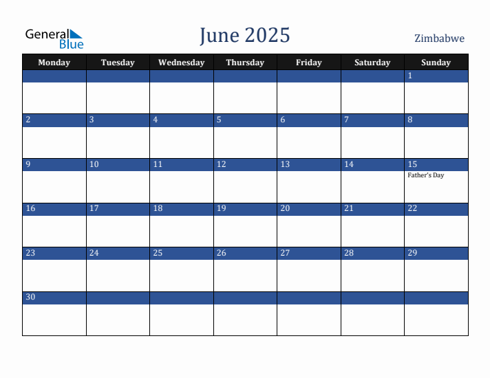 June 2025 Zimbabwe Calendar (Monday Start)
