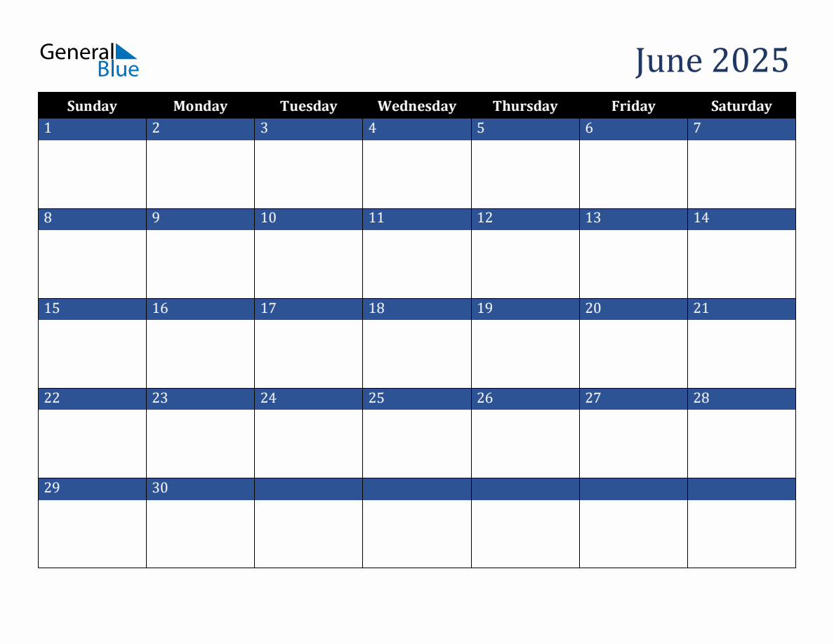 June 2025 Downloadable Sunday Start Calendar