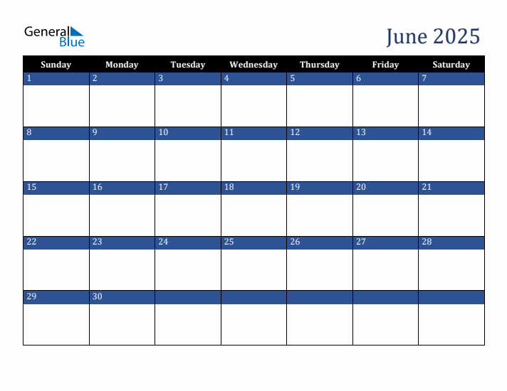 Sunday Start Calendar for June 2025