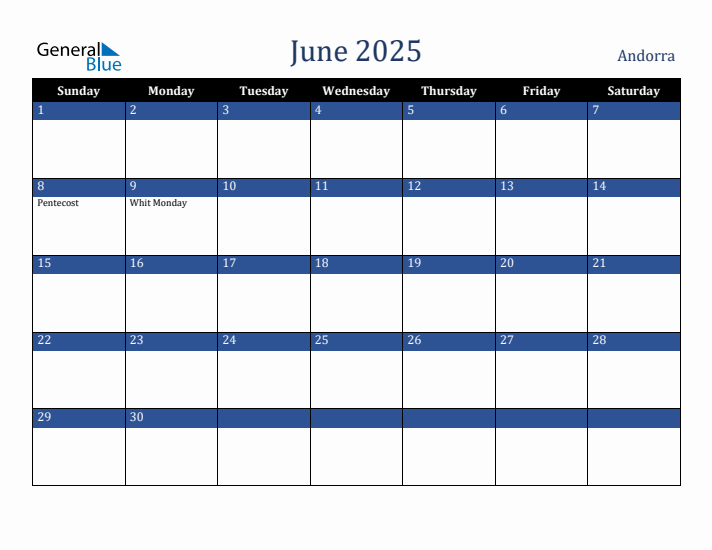 June 2025 Andorra Calendar (Sunday Start)