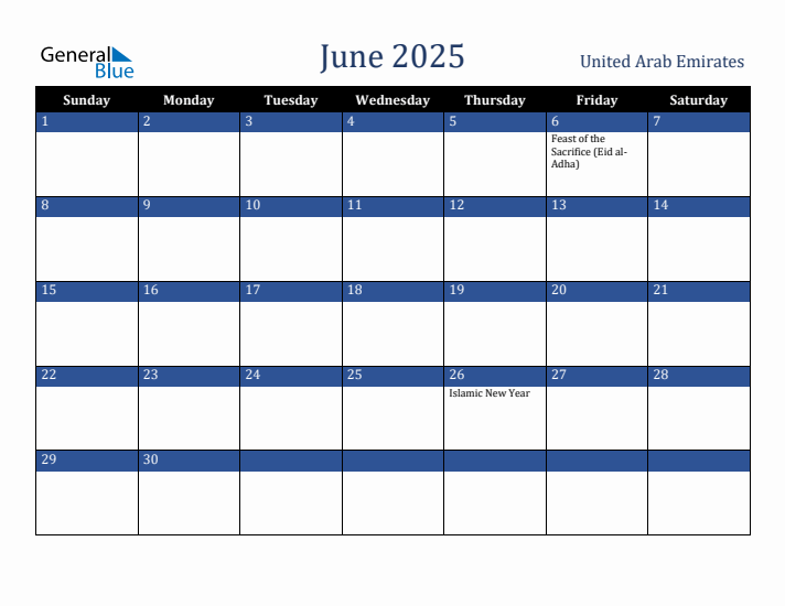 June 2025 United Arab Emirates Calendar (Sunday Start)