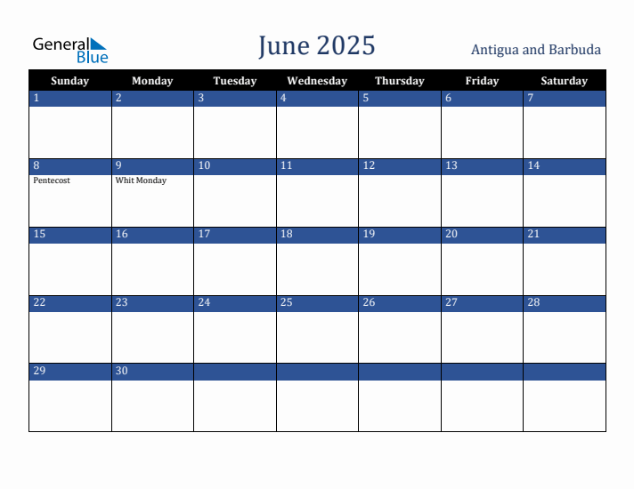 June 2025 Antigua and Barbuda Calendar (Sunday Start)