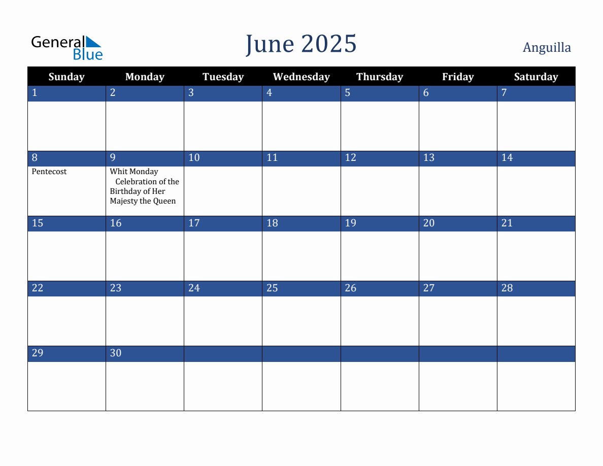 June 2025 Anguilla Holiday Calendar