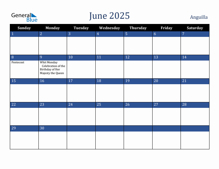 June 2025 Anguilla Calendar (Sunday Start)