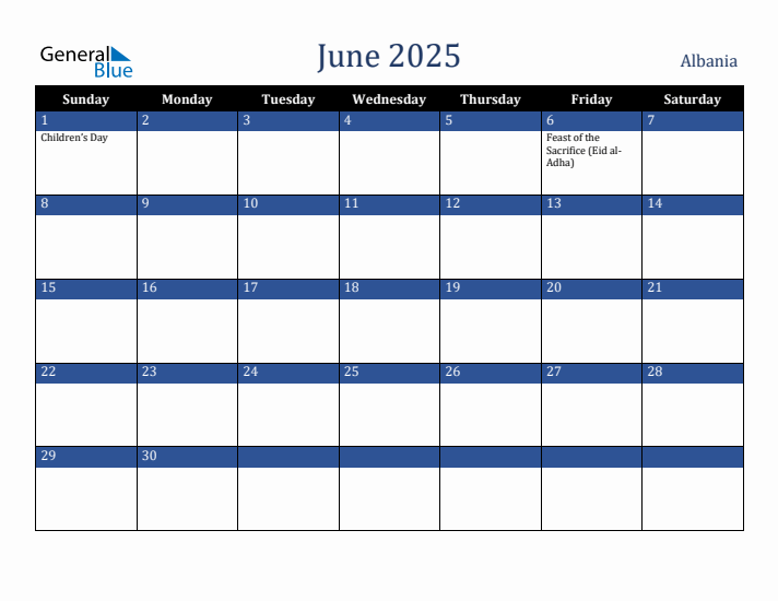 June 2025 Albania Calendar (Sunday Start)